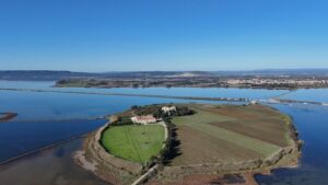 Magnifique Domaine de Maguelone et sa Cathédrale millénaire vue du ciel, prés de Montpellier