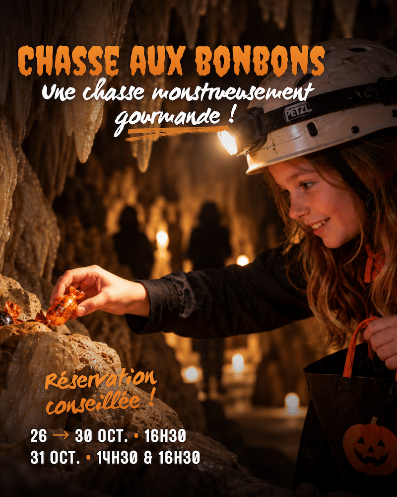 chasse aux bonbons pour Halloween à la Grotte de Trabuc (1) Chasse aux bonbons à la Grotte de Trabuc à Mialet, dans le Gard, à l'occasion des vacances de la Toussaint et d'Halloween